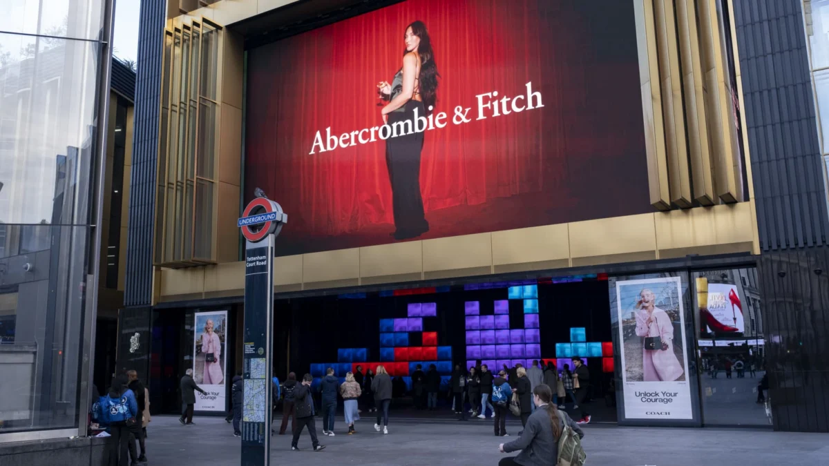 Abercrombie & Fitch advertising on a large scale digital billboard on the exterior of the Outernet building on November 4, 2024, in London, United Kingdom. (Mike Kemp | In Pictures | Getty Images)