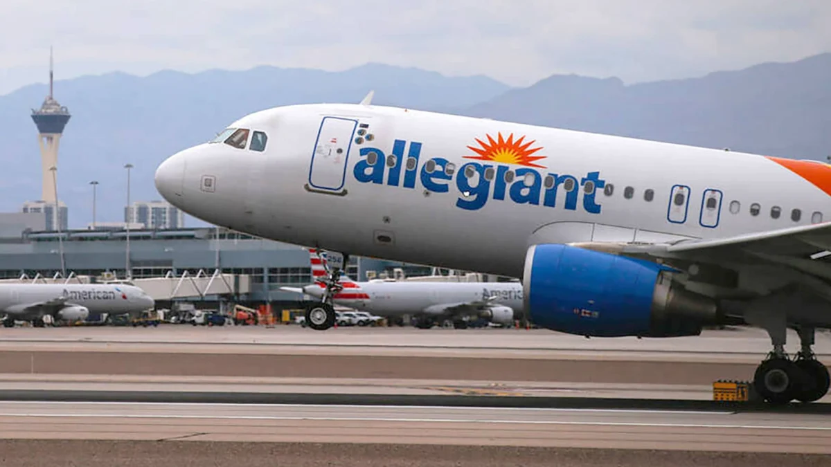 An Allegiant Air plane lands at Harry Reid International Airport on July 26, 2022, in Las Vegas. Chase Stevens | Las Vegas Review-Journal | Tribune News Service | Getty Images