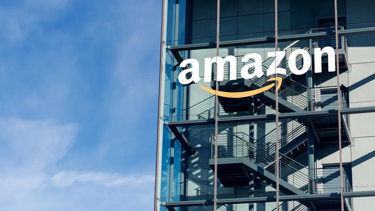 The Amazon logo is displayed on the facade of Amazon Germany’s headquarters in Parkstadt Schwabing, Munich, Bavaria, on Jan. 27, 2026. (Matthias Balk/picture alliance via Getty Images / Getty Images)