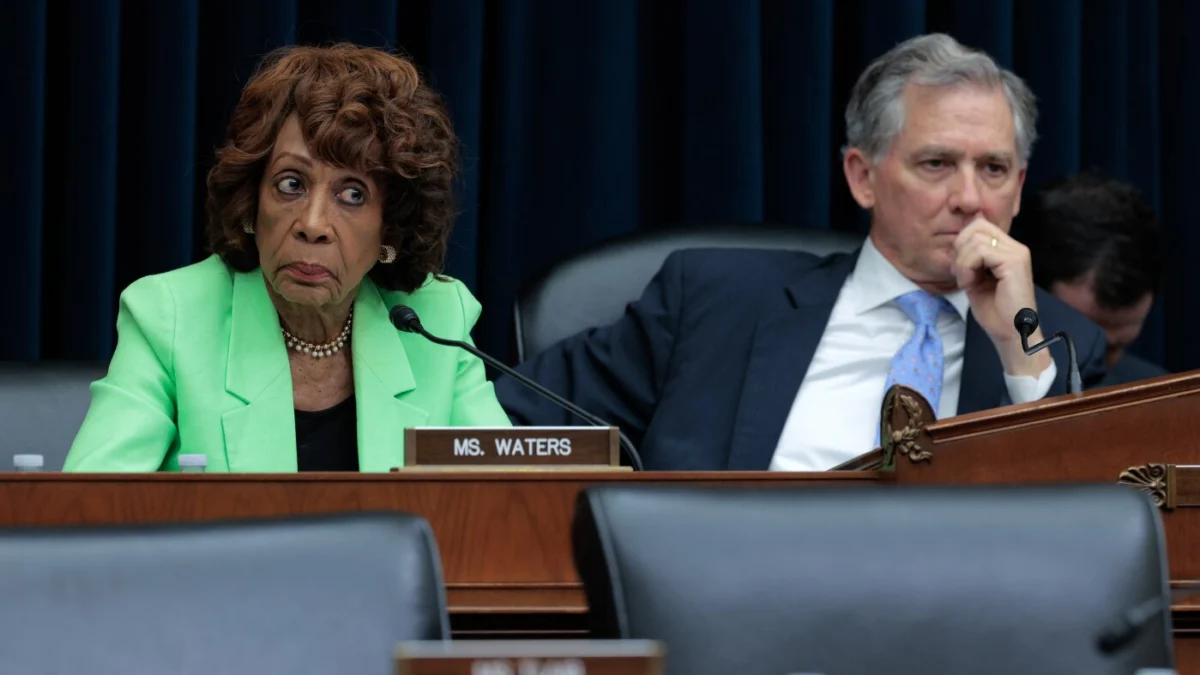 House Financial Services Committee ranking member Rep. Maxine Waters, D-CA., and Chair French Hill, R-AR., listen to a hearing on Capitol Hill on June 24, 2025. (Chip Somodevilla/Getty Images)
