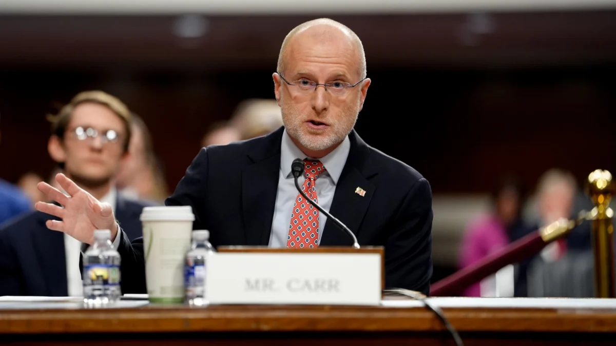 Brendan Carr, commissioner at the Federal Communications Commission (FCC), during a Senate Commerce, Science, and Transportation Committee oversight hearing in Washington, DC, US, on Wednesday, Dec. 17, 2025. (Kent Nishi