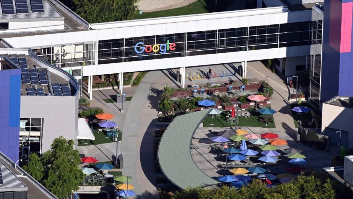 An aerial view shows Google's corporate office in Mountain View, California.