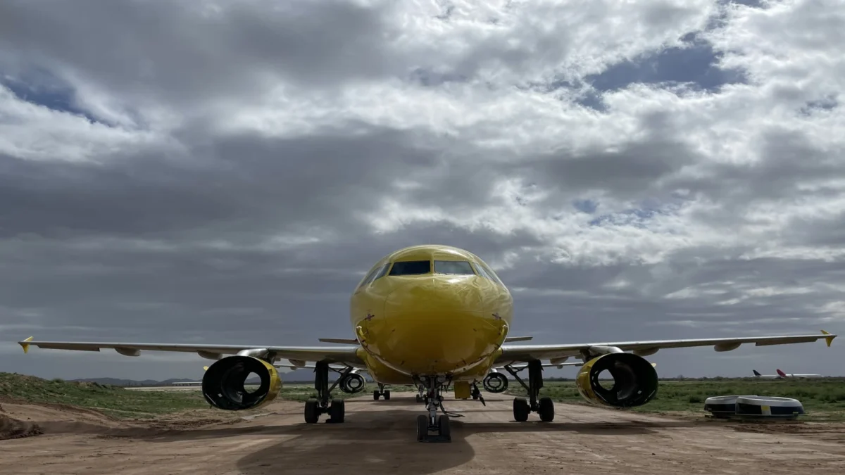 A retired Spirit Airlines Airbus A320 plane is seen parked in Coolidge, Arizona, in February 2023.