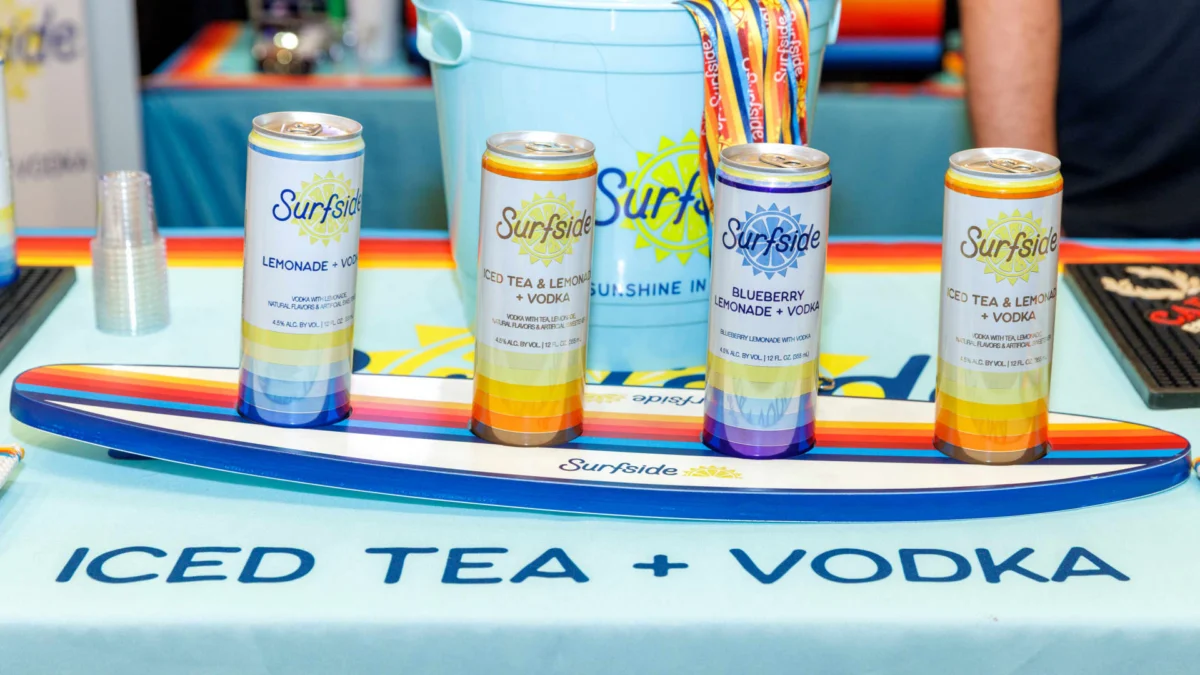 Surfside drinks are displayed at a trade show. The non-carbonated alcoholic beverage brand has seen rapid growth, contributing to the overall trend away from seltzers.