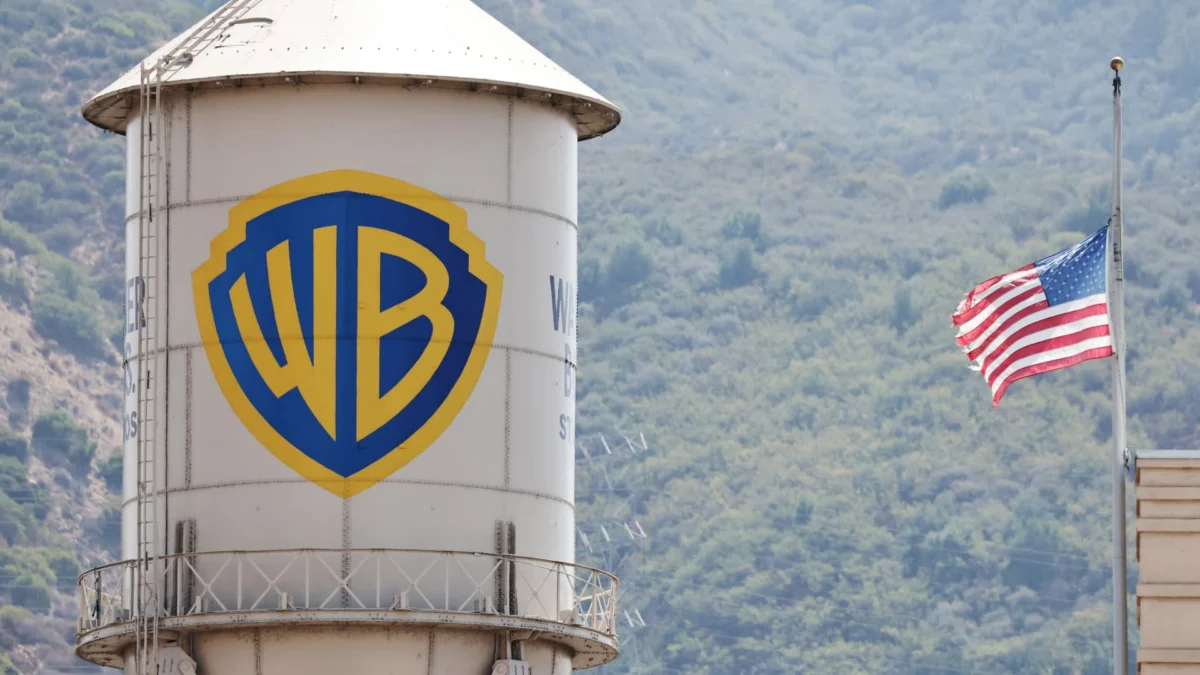 An American flag flies at Warner Bros. Studio in Burbank, California, on Sept. 12, 2025.