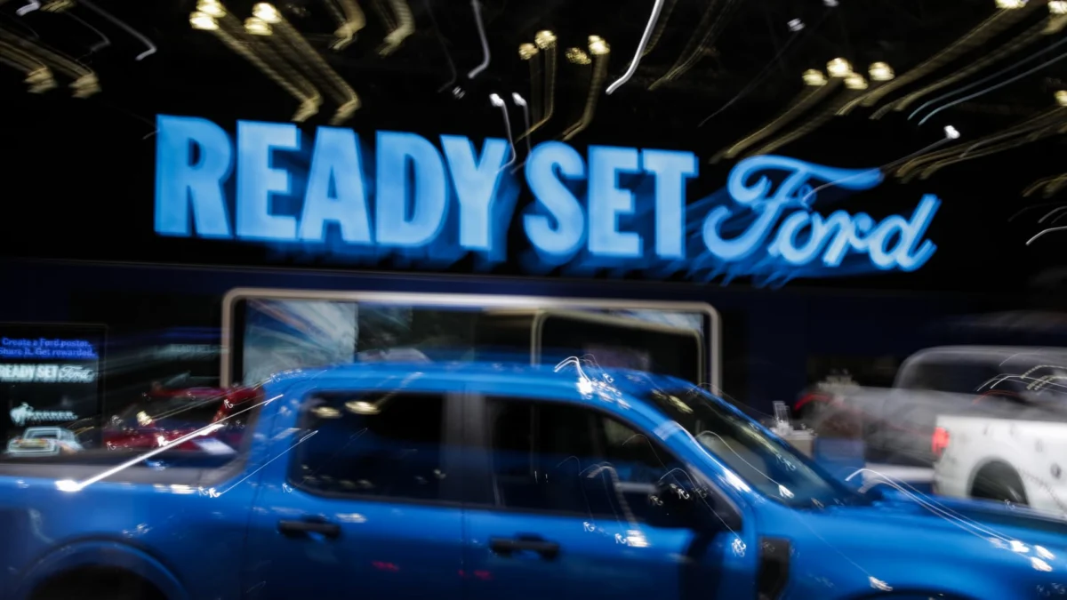 Ford signage is displayed at the New York International Auto Show in New York City on April 2, 2026. Danielle DeVries | CNBC