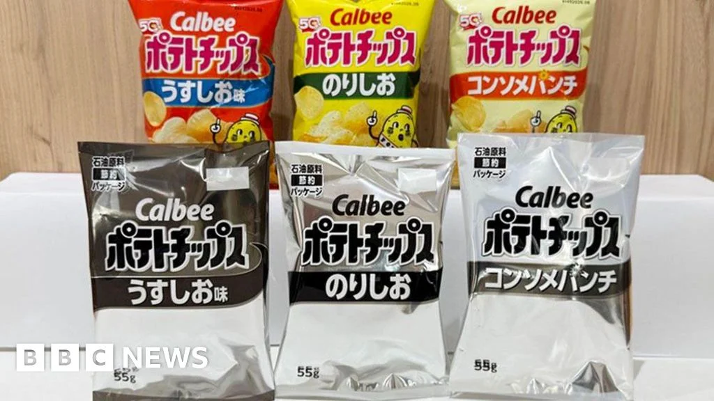 Calbee's iconic snack packaging will temporarily shift to a simpler black and white design due to supply chain issues.