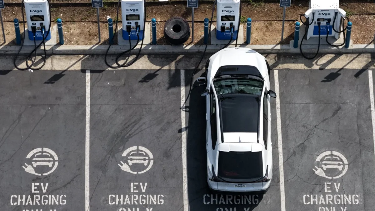 An electric vehicle charges at an EVgo electric charger in Monrovia, Calif. Justin Sullivan/Getty Images