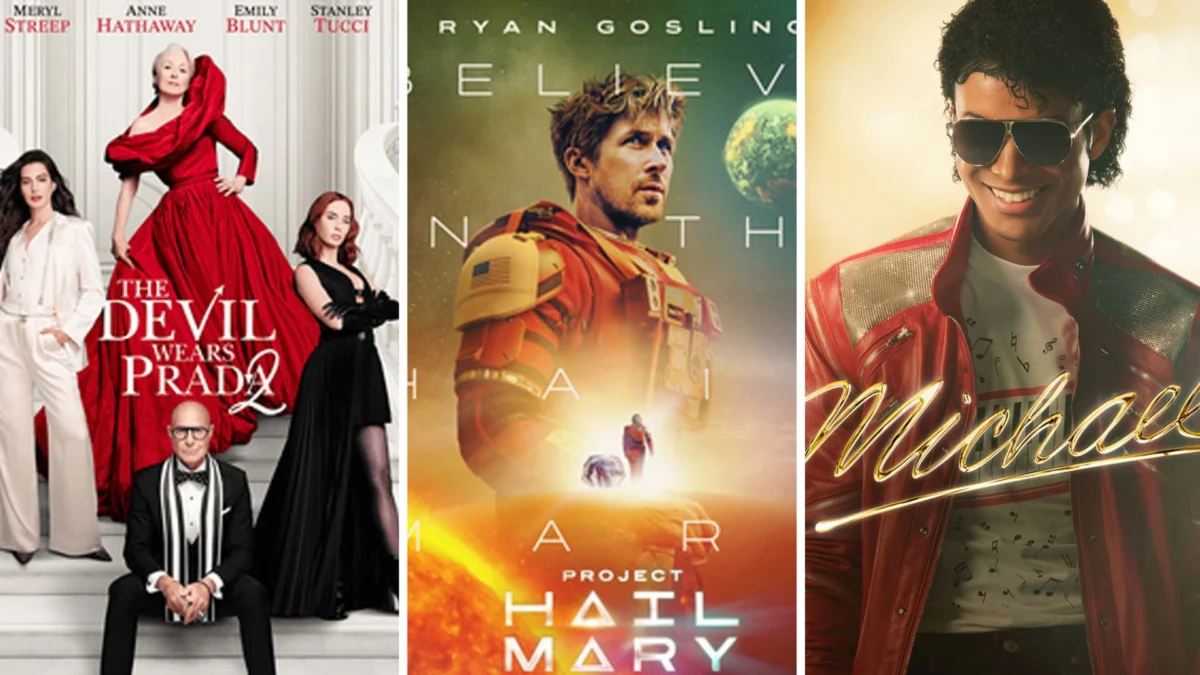 Movie posters for "The Devil Wears Prada 2," "Project Hail Mary," and "Michael."
