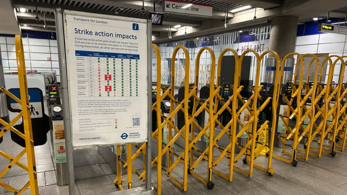 London Underground trains at a station.
