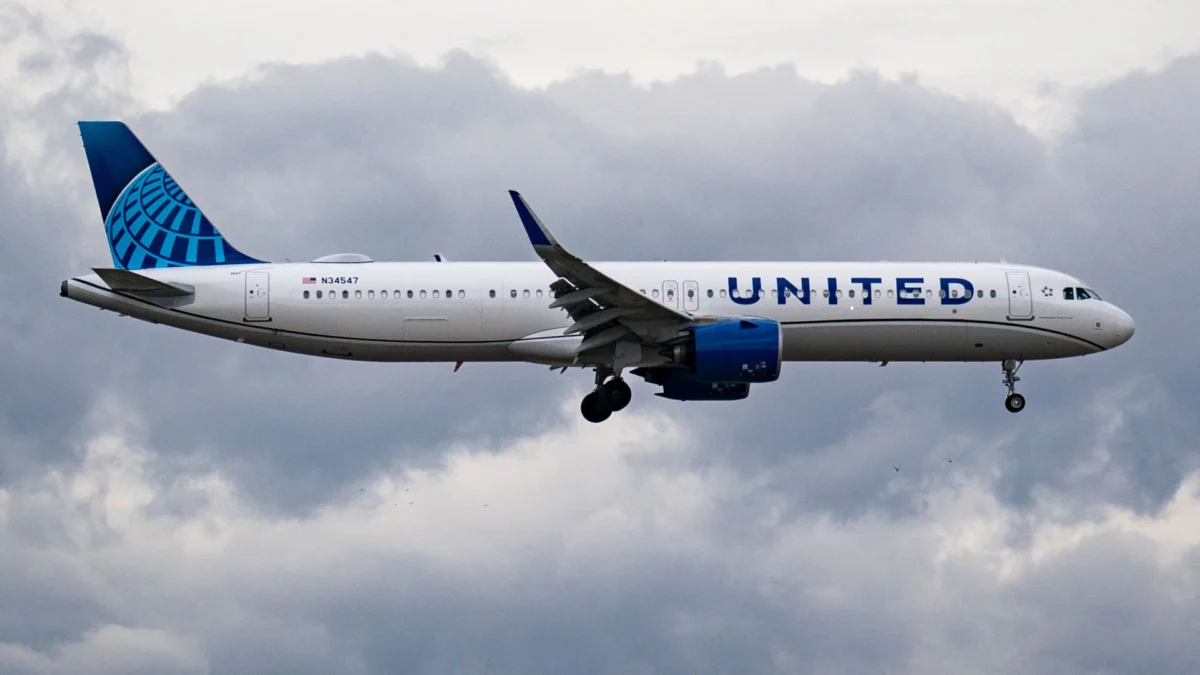 A United Airlines plane is seen approaching the runway at Denver International Airport.