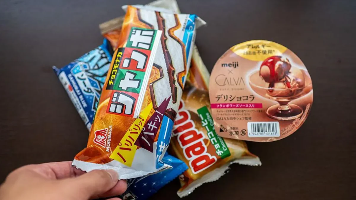 A row of ice cream products in a Japanese supermarket, with major brands named in the investigation.