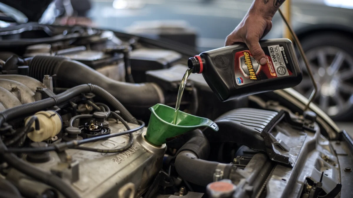 A mechanic pours motor oil into a funnel inside a gas station, illustrating how lubricants pricing can affect routine service costs.