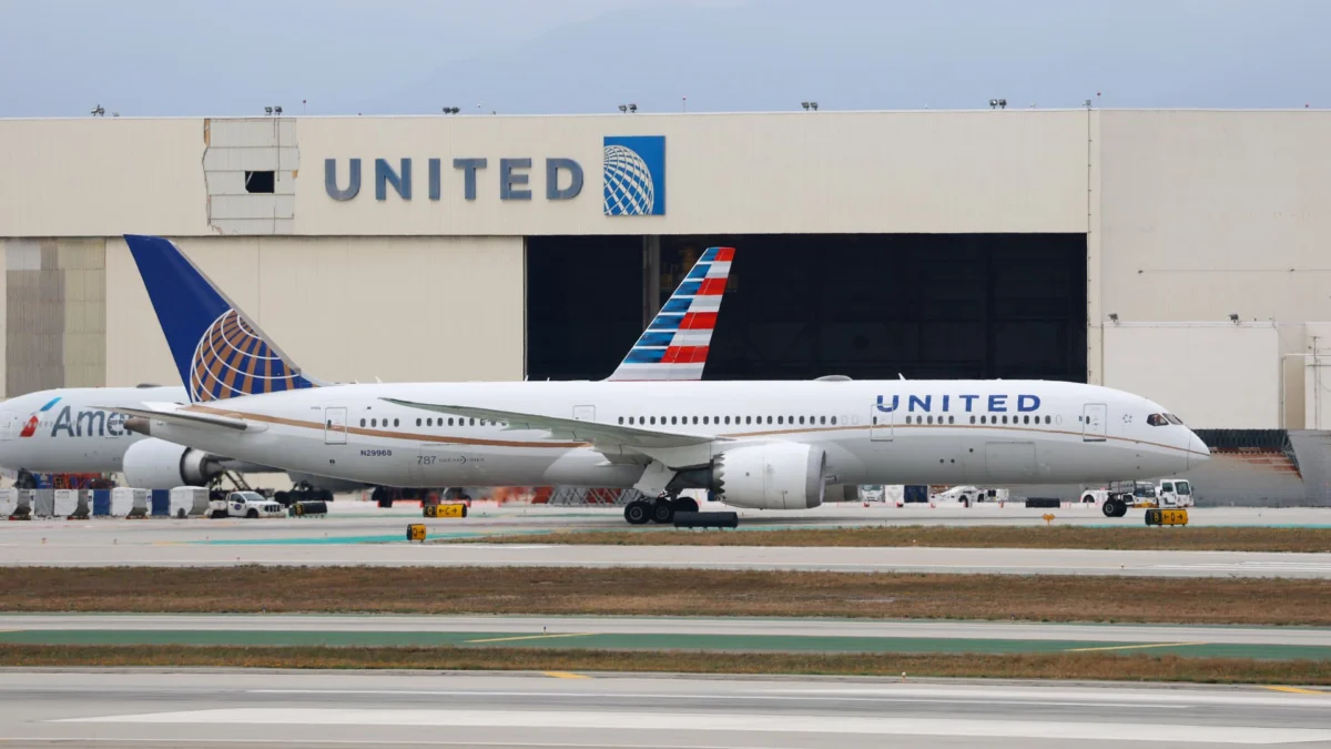A United Airlines plane taxis at Los Angeles International Airport on April 21, 2026.