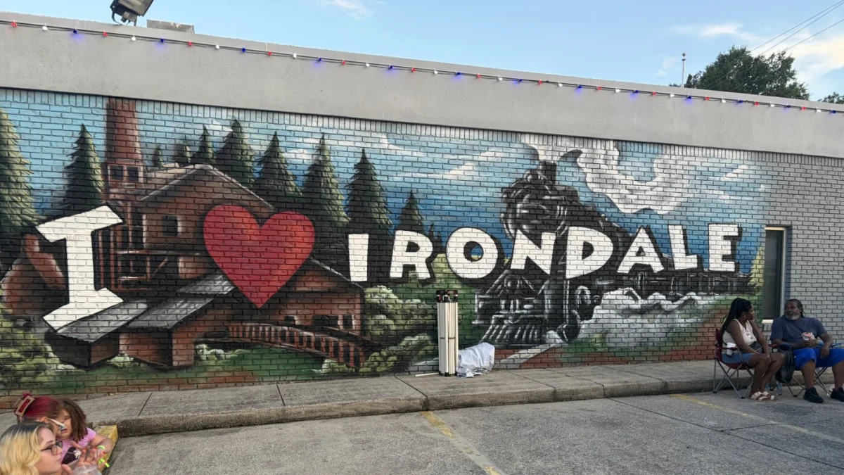 Festival-goers in Irondale, Alabama, look on during I Love Irondale Day, with a drone show finale lighting up the sky.