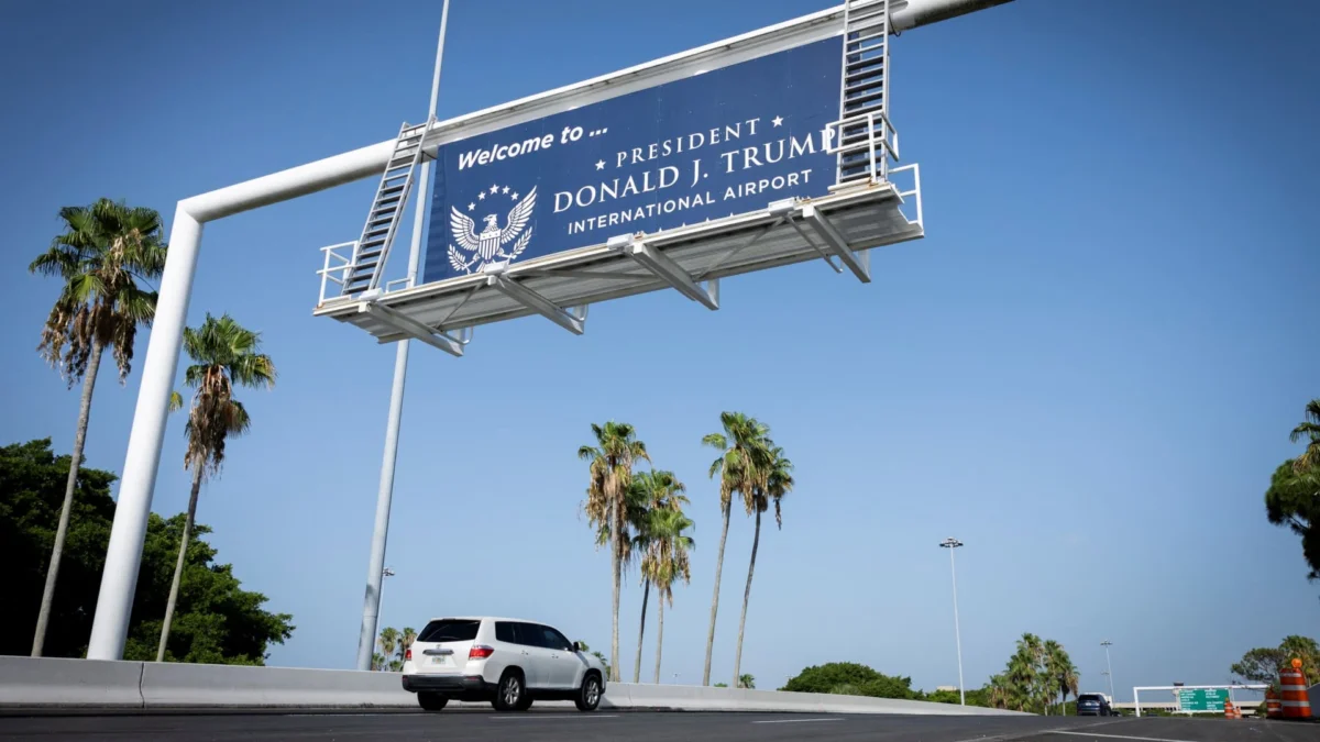 A welcoming sign at President Donald J. Trump International Airport in West Palm Beach, Fla., July 9, 2026.