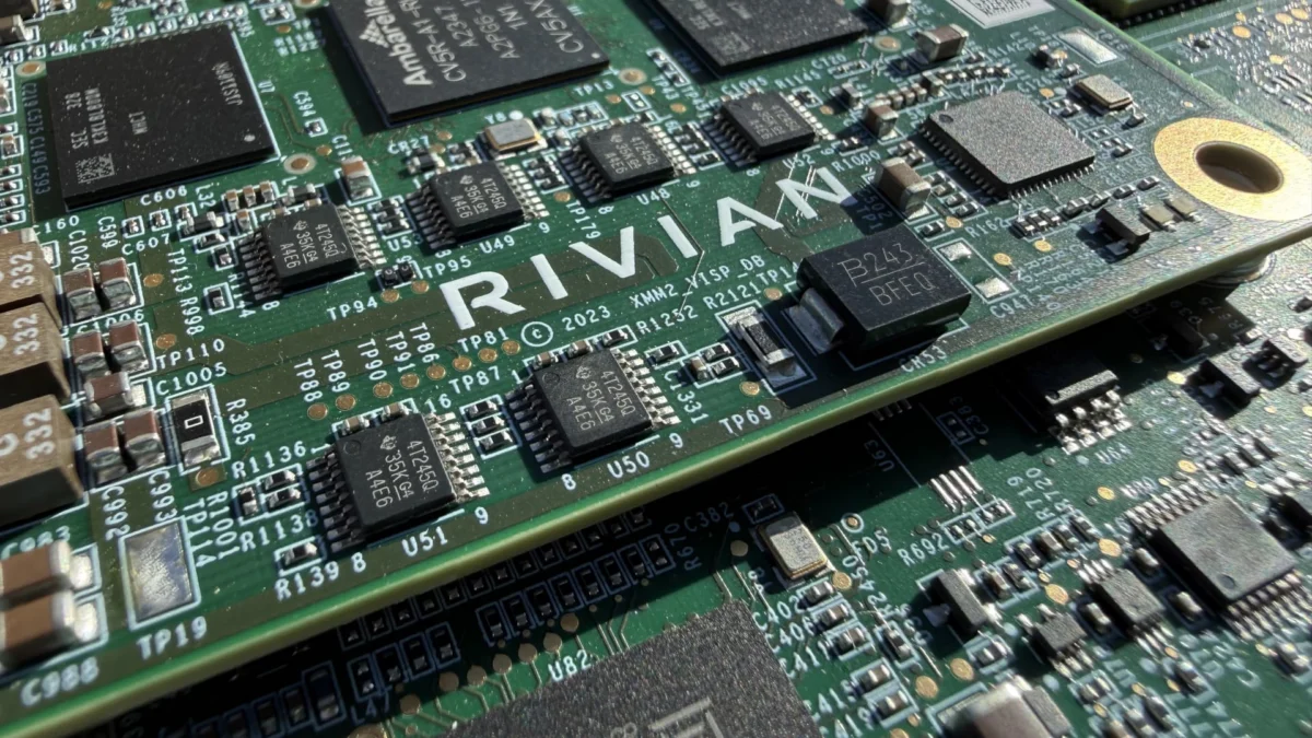 Rivian Automotive stock charts and an Electric Vehicle during a test drive.