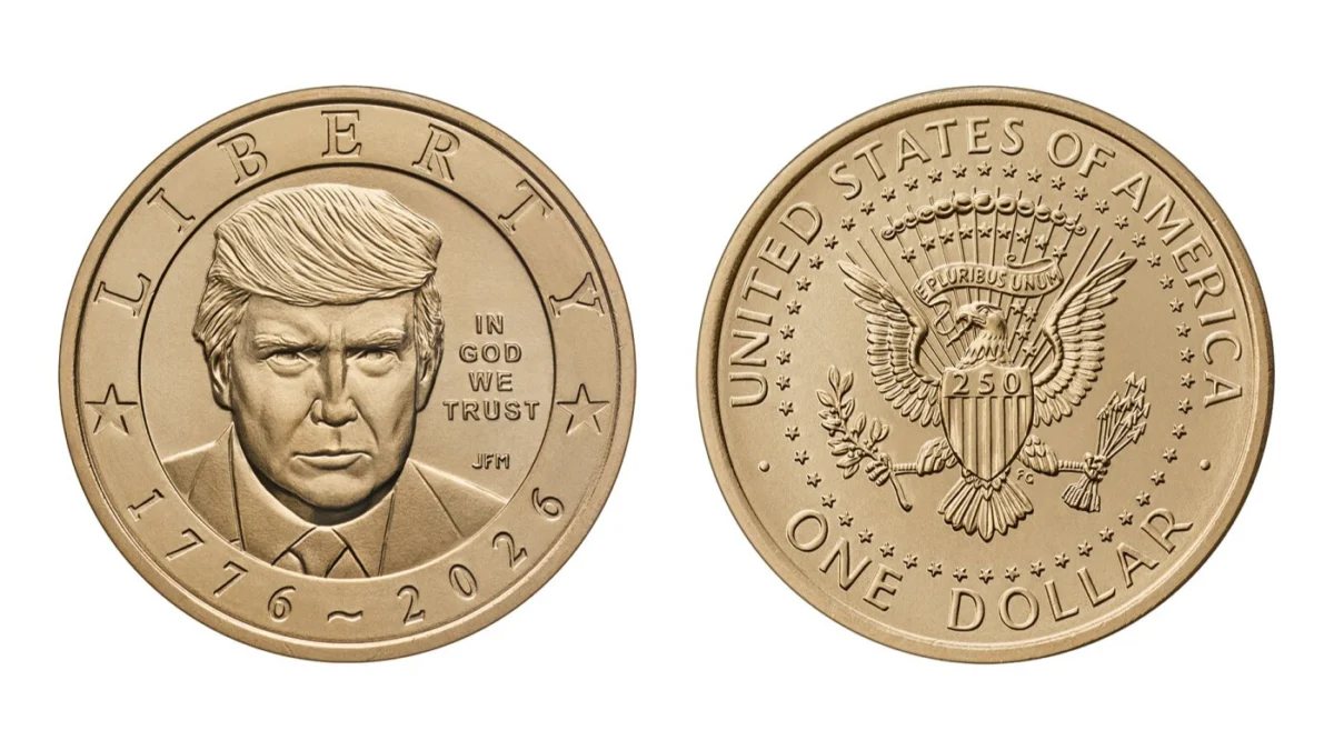 The U.S. Mint’s proposed $1 coin features a close-up of President Trump encircled by the words Liberty and 1776-2026.